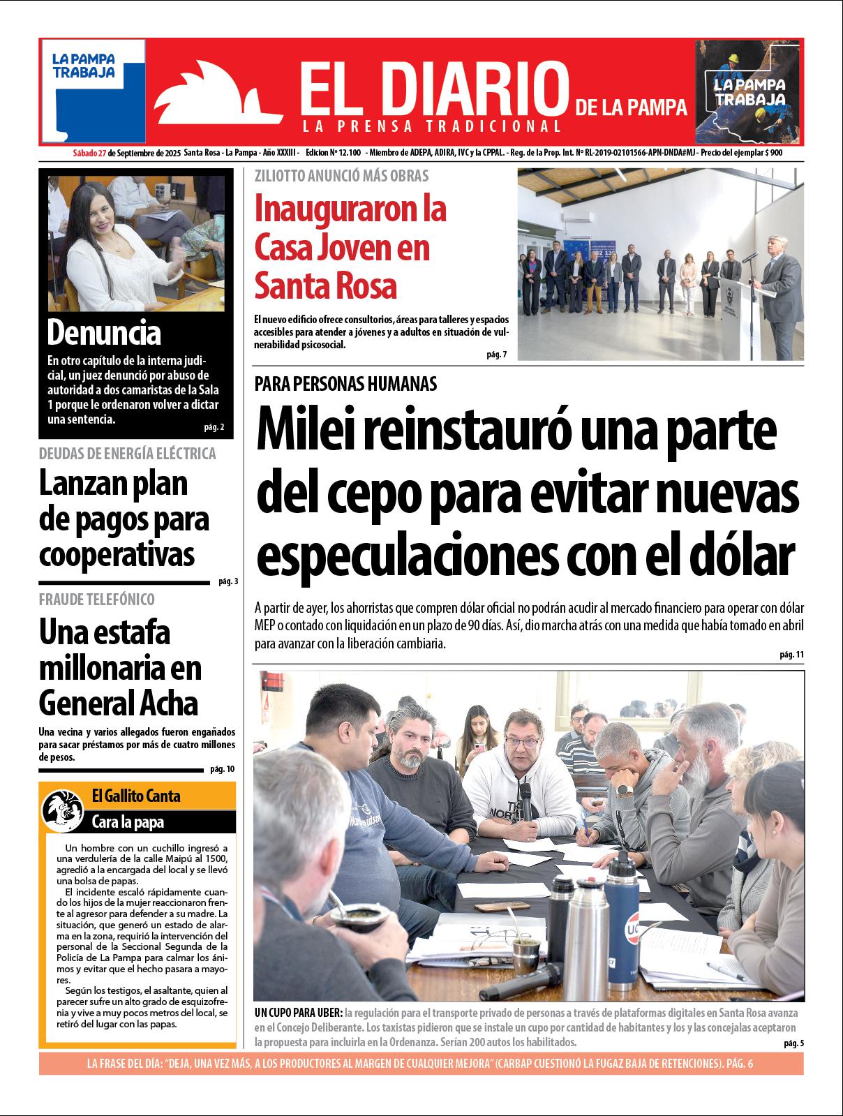 Tapa de El Diario en papel  saacutebado 27 de septiembre de 2025